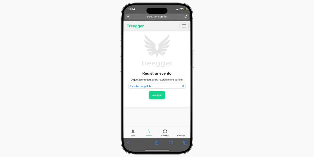 Tela de registro diário do Treegger